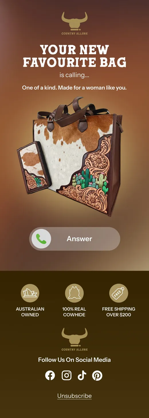 Country Allure interactive email introducing a new cowhide bag with phone-call design