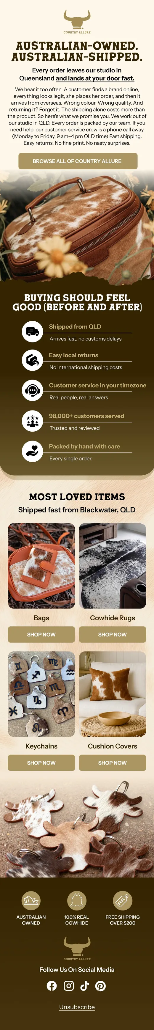 Country Allure Australian-owned trust email with shipping and service promises