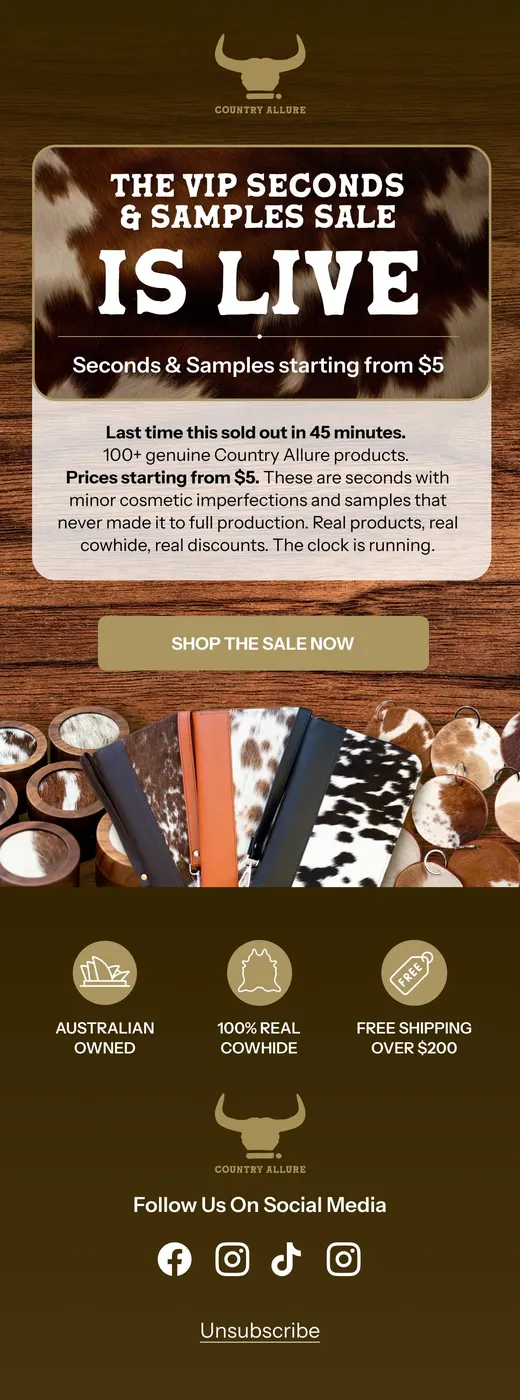 Country Allure VIP seconds and samples sale announcement email