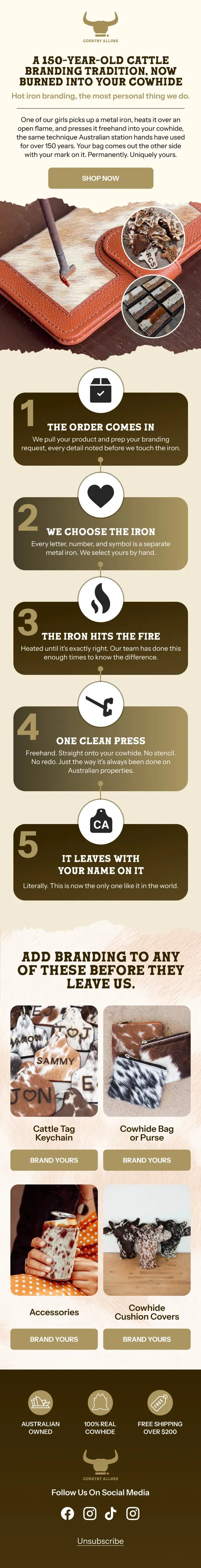 Country Allure email showing the three-step hot iron branding process