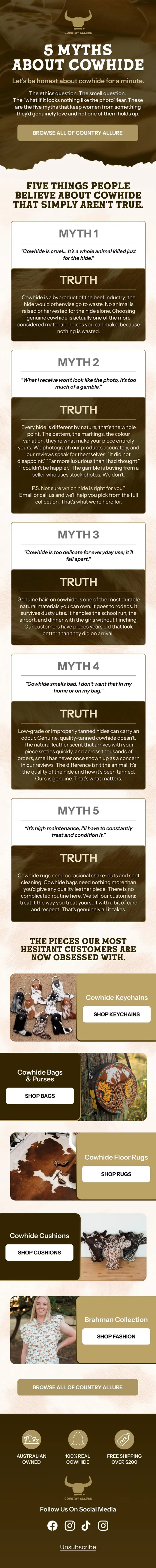 Country Allure myth-busting email answering five cowhide misconceptions