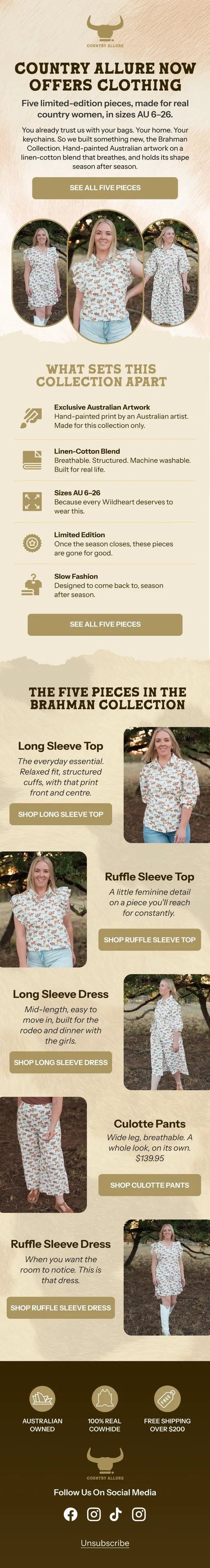 Country Allure clothing collection launch email in sizes AU 6 to 26