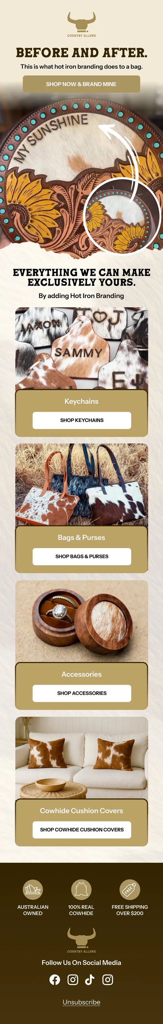 Country Allure before and after email showing hot iron branded bags