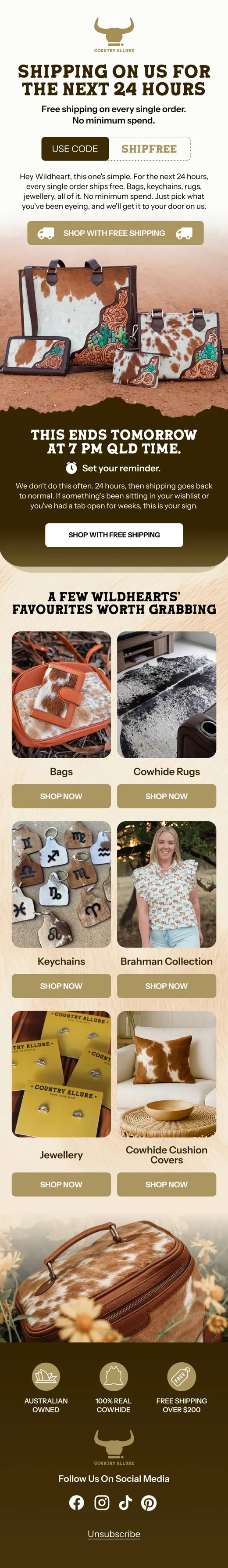 Country Allure 24-hour free shipping email on all cowhide orders