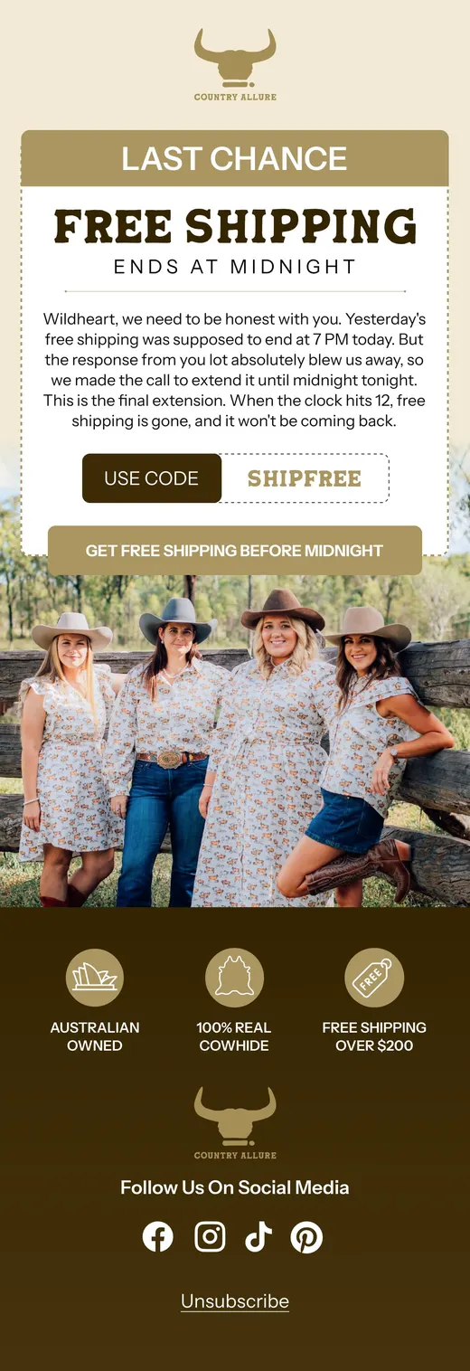 Country Allure last chance free shipping email ending at midnight