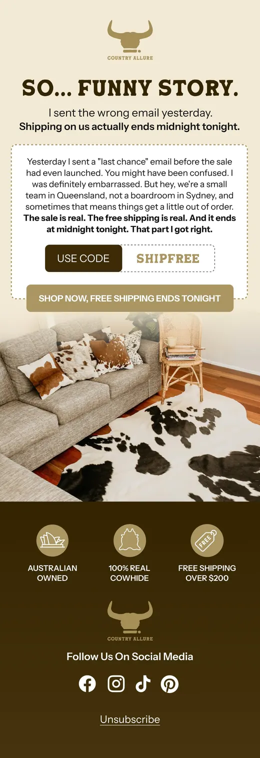 Country Allure apology story email extending the free shipping deadline