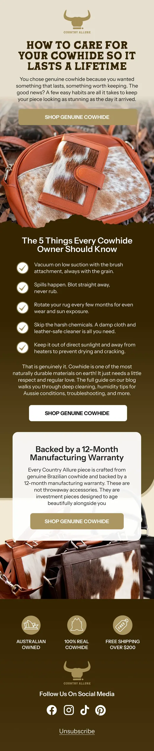 Country Allure cowhide care guide email backed by a 12-month warranty