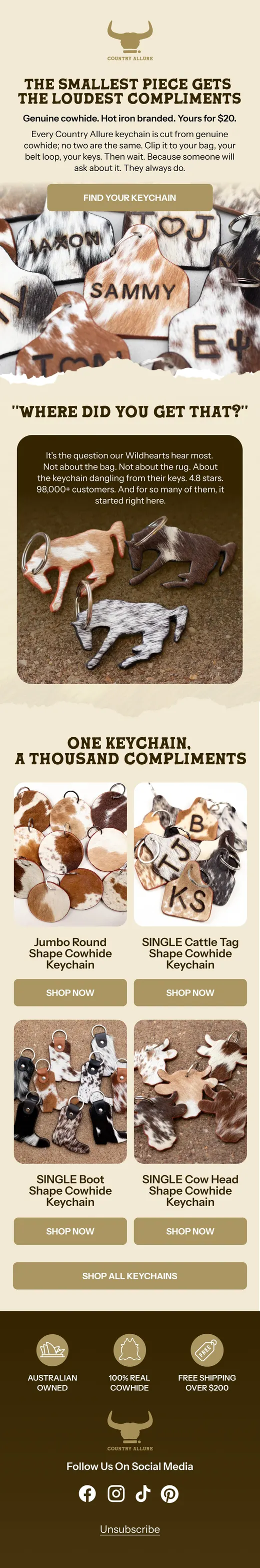 Country Allure branded keychain email with customer social proof