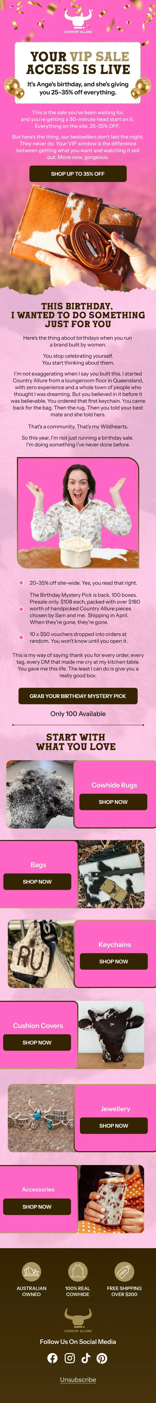 Country Allure VIP birthday sale email with 25 to 35% off everything