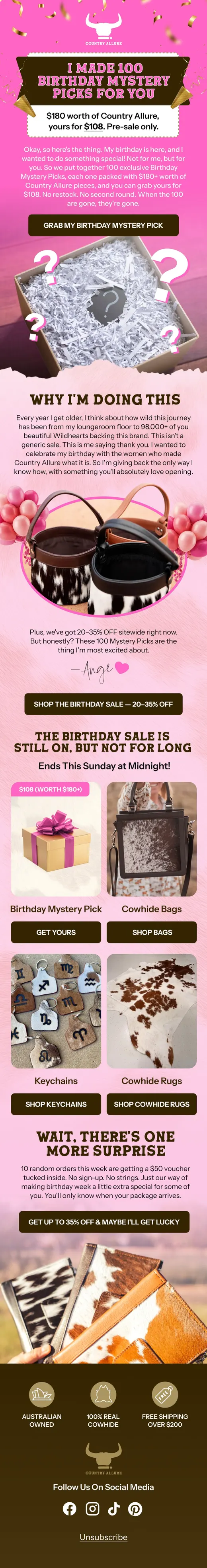 Country Allure birthday mystery picks email with 180 dollar value bundles