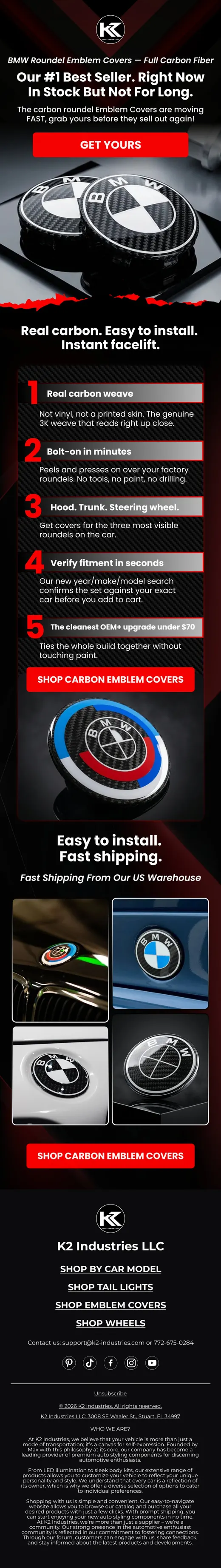 K2 Industries best seller email for carbon fiber BMW roundel emblem covers