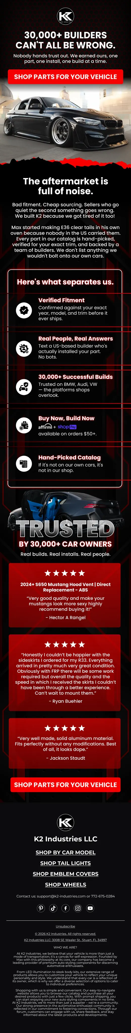 K2 Industries trust email backed by 30,000 verified builder installs