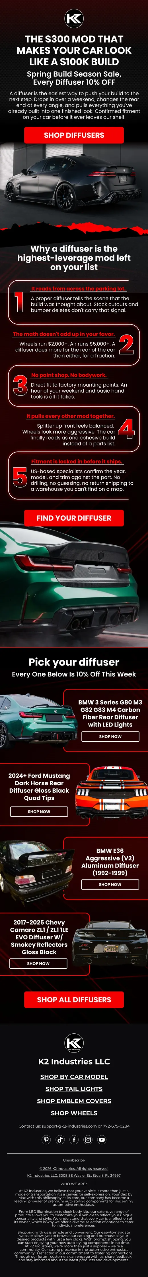 K2 Industries education email on why a carbon diffuser is the highest-leverage mod