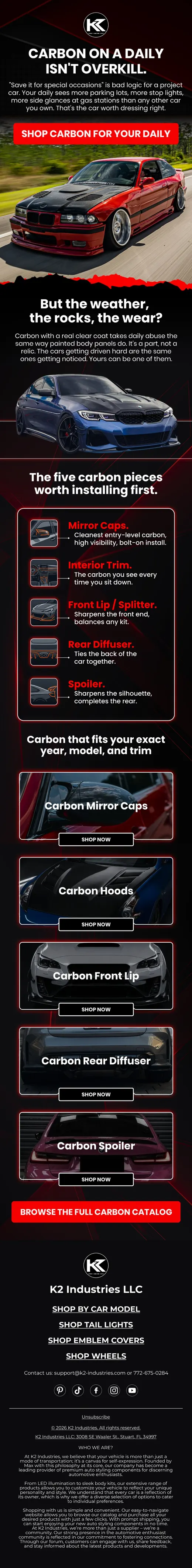 K2 Industries email making the case for carbon fiber on a daily driver