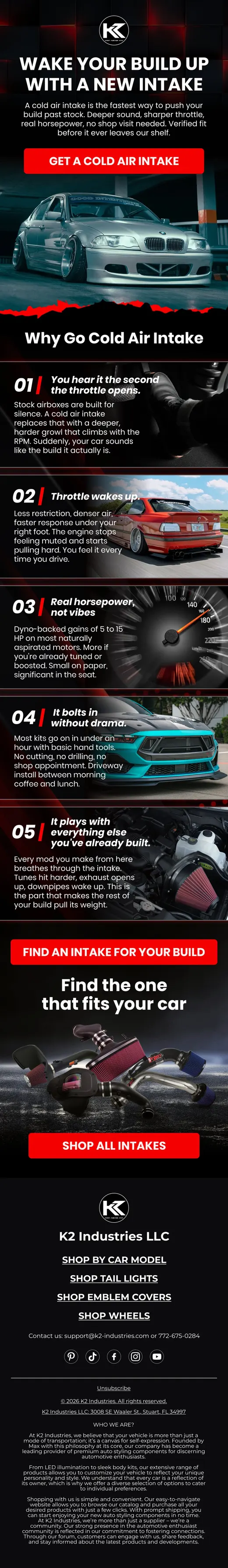 K2 Industries cold air intake email listing four performance benefits