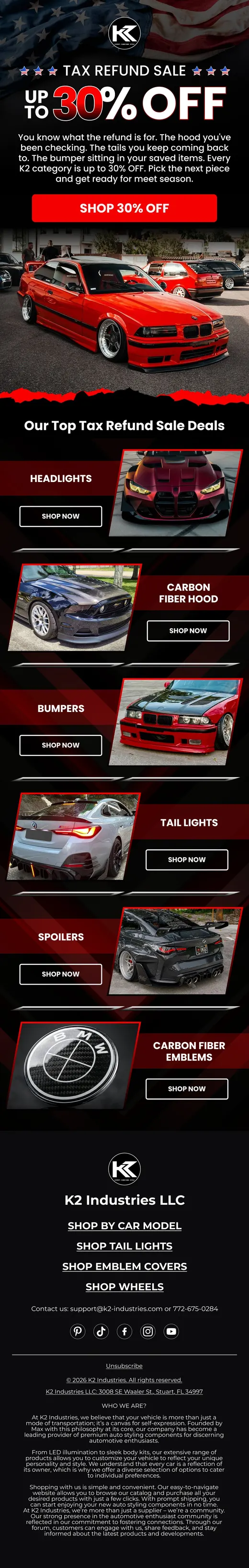 K2 Industries tax refund sale email with up to 30% off headlights, hoods, and bumpers