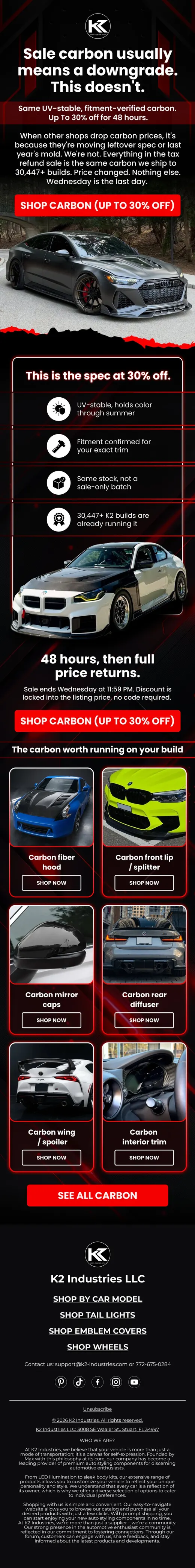 K2 Industries email answering quality doubts on discounted carbon fiber