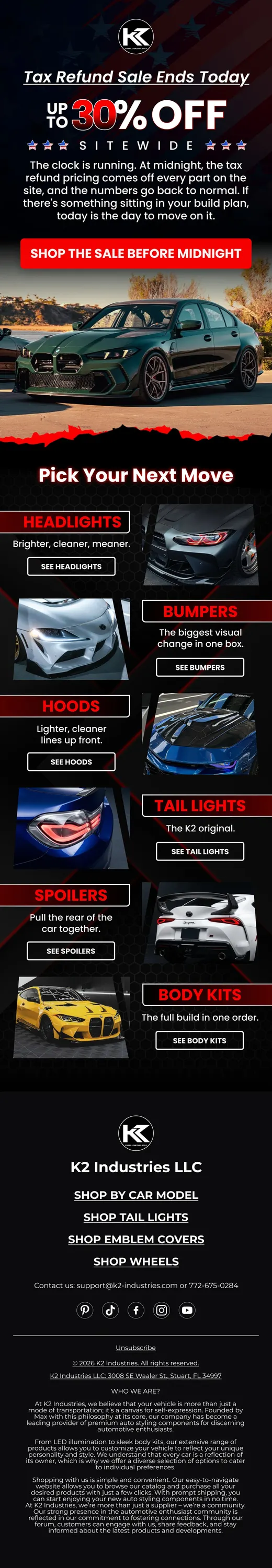 K2 Industries tax refund sale final day email with category picks