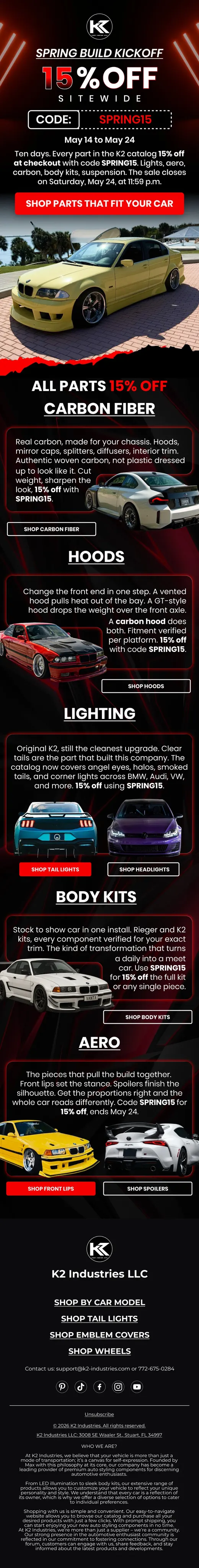 K2 Industries spring build kickoff email with 15% off sitewide code