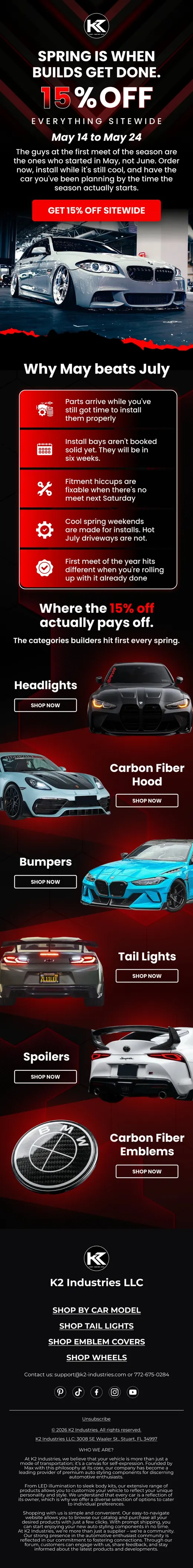 K2 Industries email on why May installs beat July with 15% off sitewide