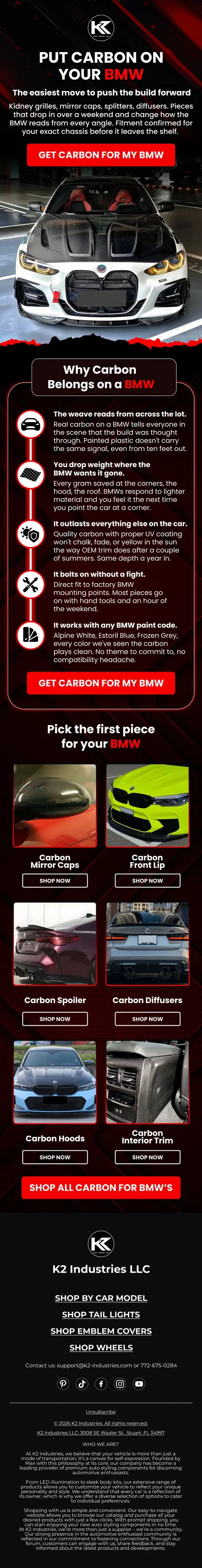 K2 Industries email on the easiest carbon fiber upgrades for a BMW