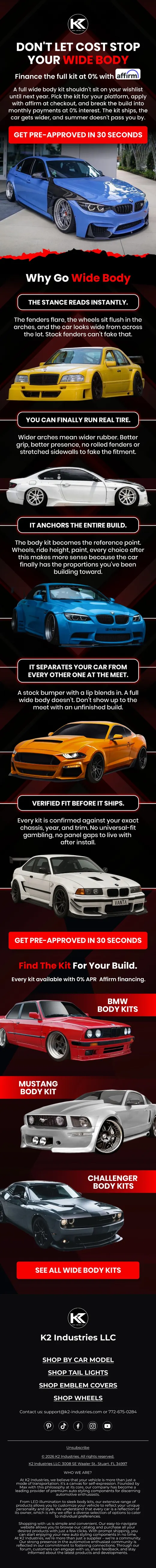 K2 Industries wide body kit email with 0% Affirm financing