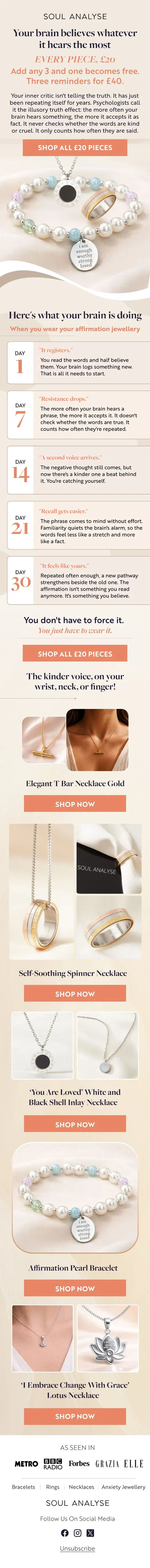 Soul Analyse psychology email explaining how affirmation jewellery changes self-talk