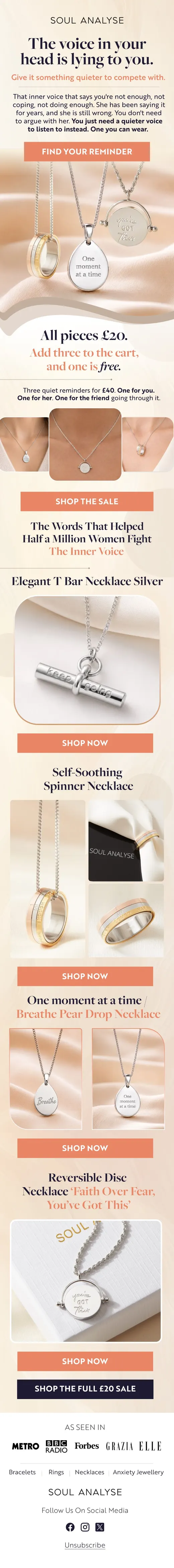 Soul Analyse storytelling email about the inner voice with engraved reminder necklaces