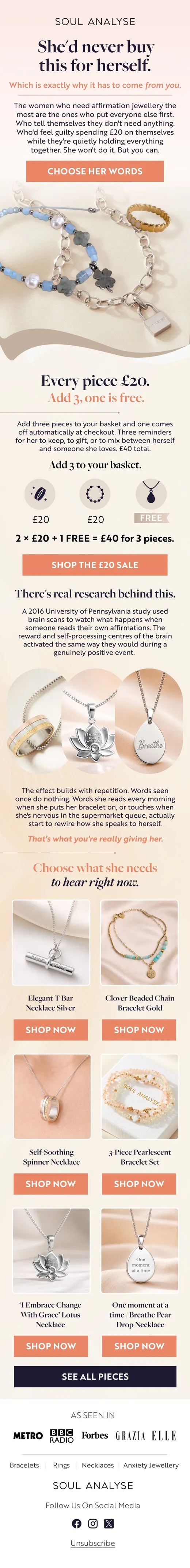 Soul Analyse gifting email for affirmation jewellery she would never buy herself