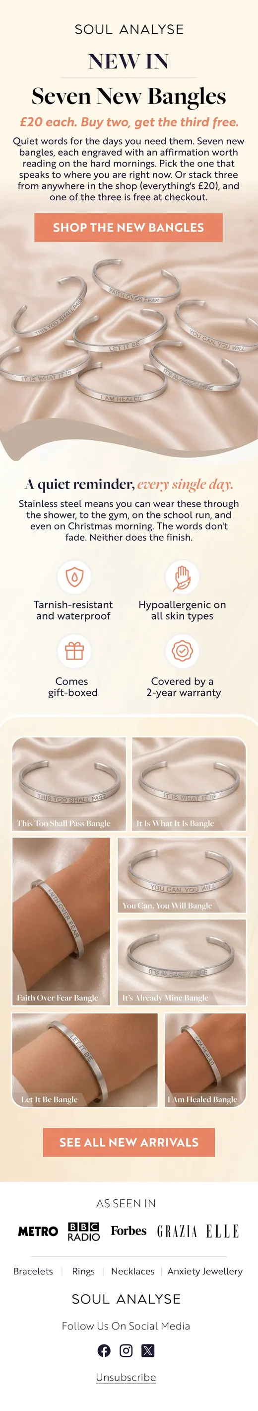 Soul Analyse launch email for seven new engraved affirmation bangles