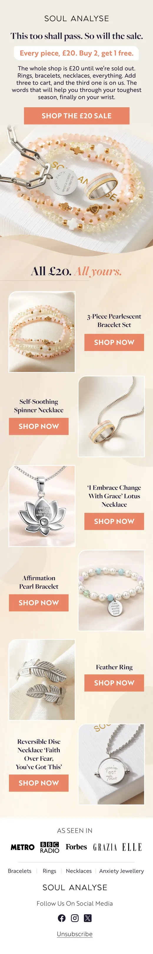 Soul Analyse sale reminder email with pearlescent bracelet sets
