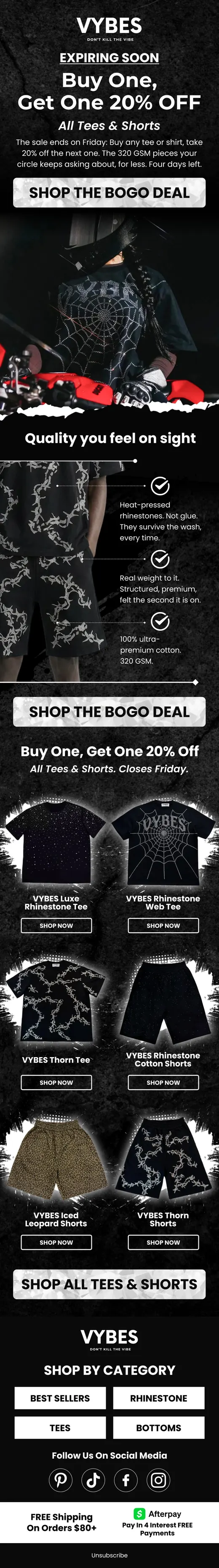 VYBES buy one get one 20% off sale email for rhinestone tees and shorts