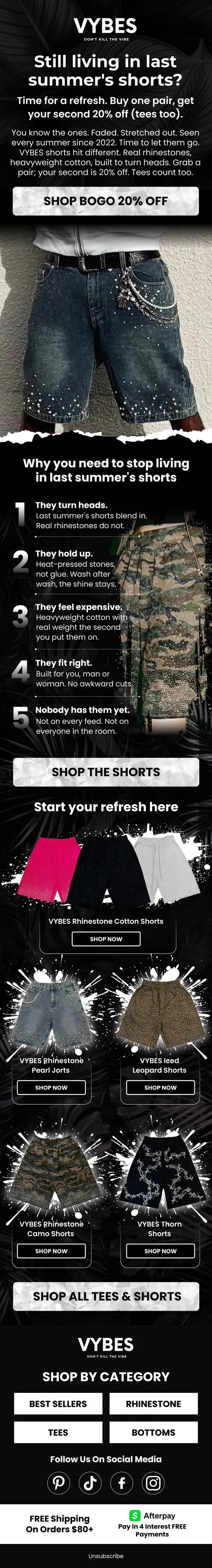 VYBES persuasion email comparing new rhinestone shorts to last summer's worn-out pair