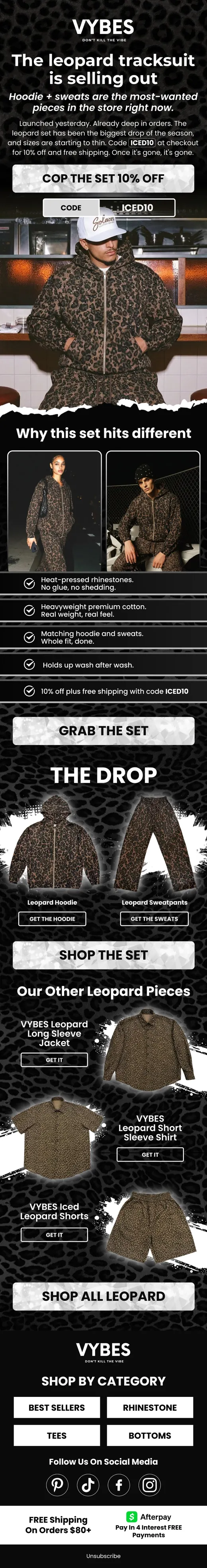 VYBES leopard tracksuit launch email with 10% off checkout code