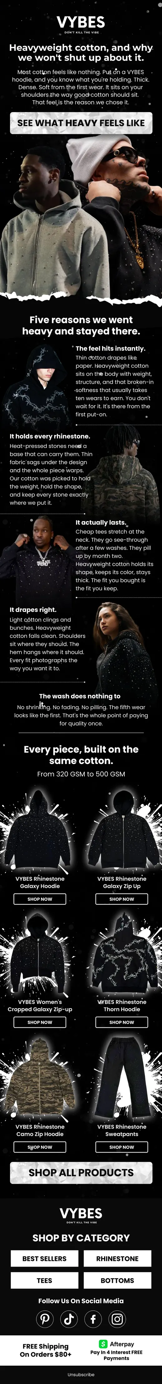 VYBES education email explaining heavyweight cotton and rhinestone construction