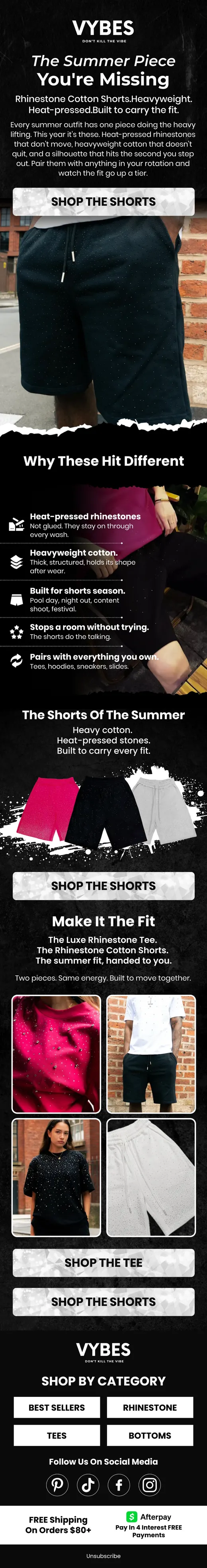 VYBES rhinestone cotton shorts feature email with benefit checklist