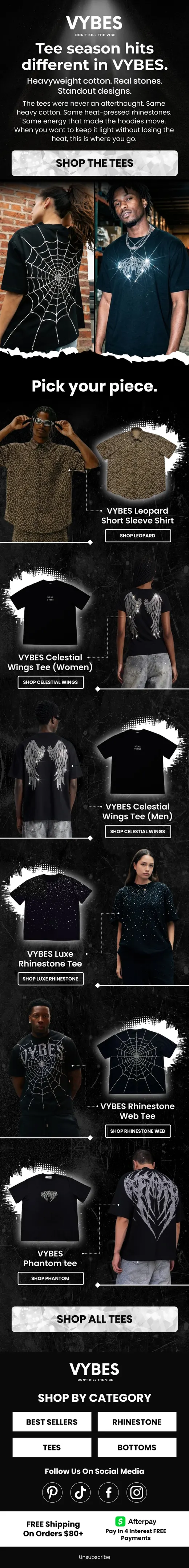 VYBES tee season campaign email showing spider web rhinestone tee designs