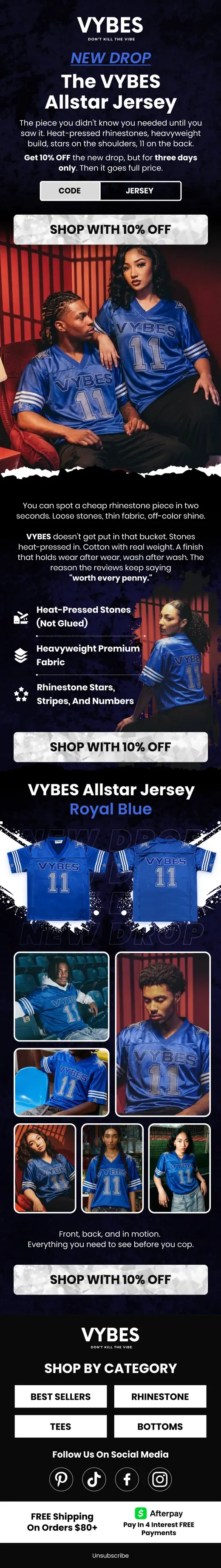 VYBES Allstar Jersey new drop announcement email with 10% off launch code