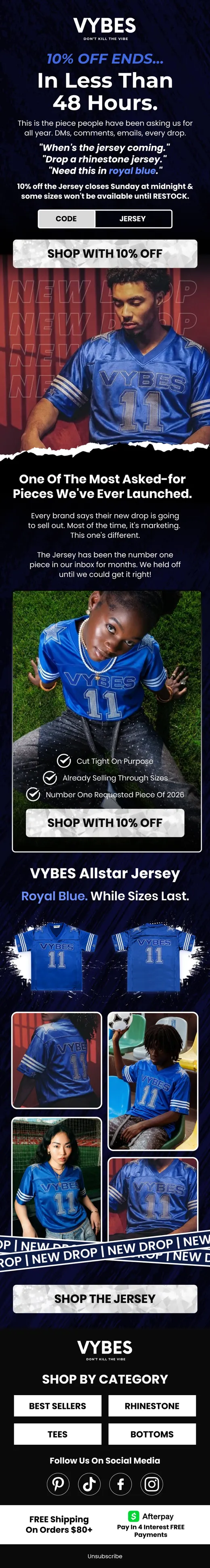 VYBES royal blue Allstar Jersey launch email with 48-hour urgency