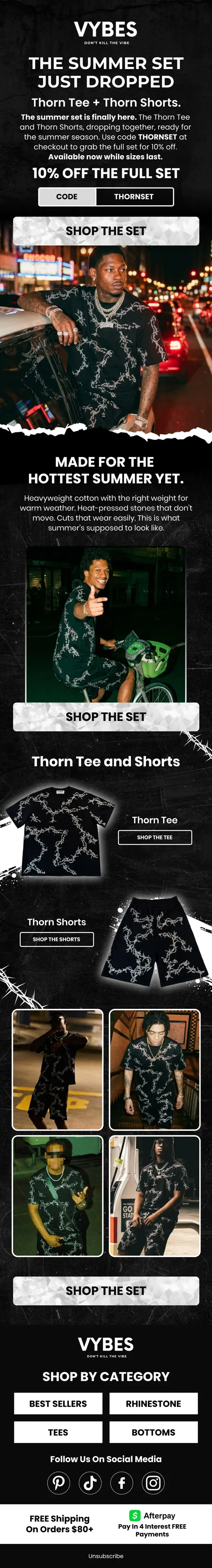 VYBES summer set launch email for the Thorn tee and Thorn shorts