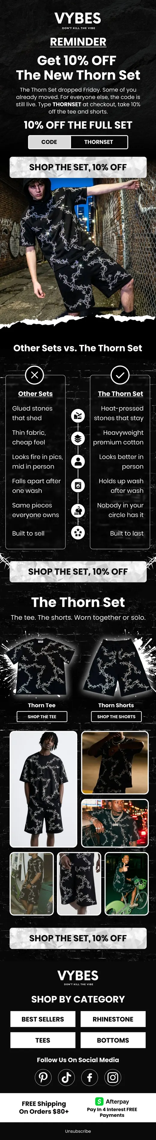 VYBES reminder email comparing the Thorn set to cheaper rhinestone sets