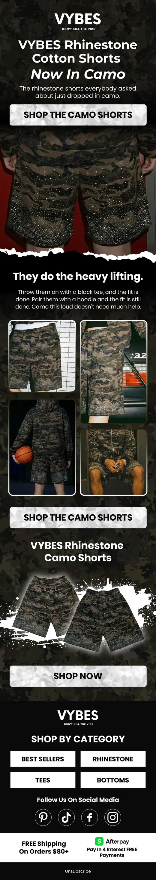 VYBES camo rhinestone cotton shorts new release email