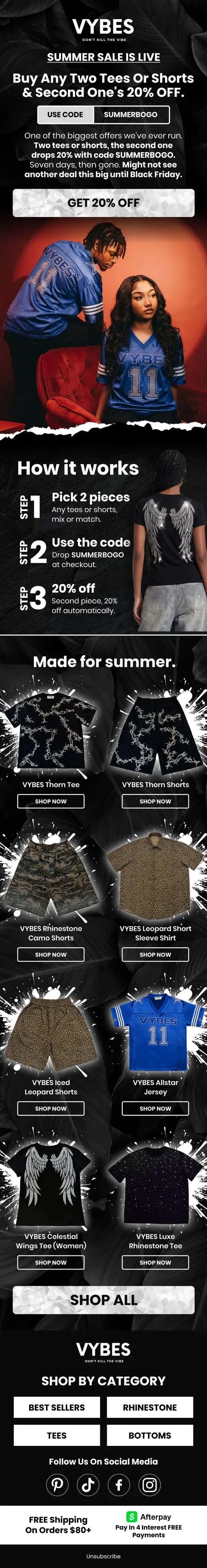VYBES summer sale email explaining the buy two get 20% off steps