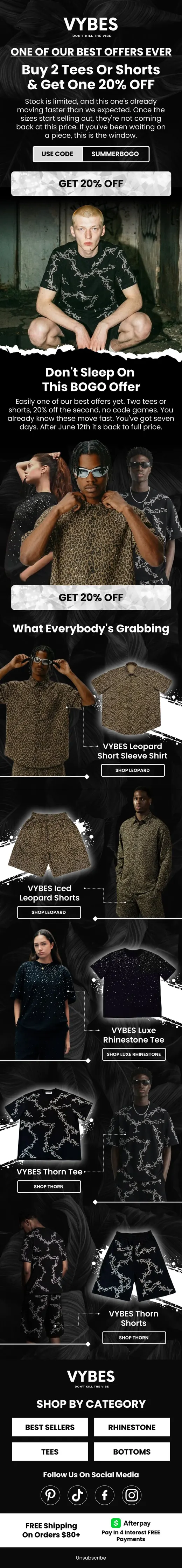 VYBES buy two get one 20% off offer email with streetwear model photography