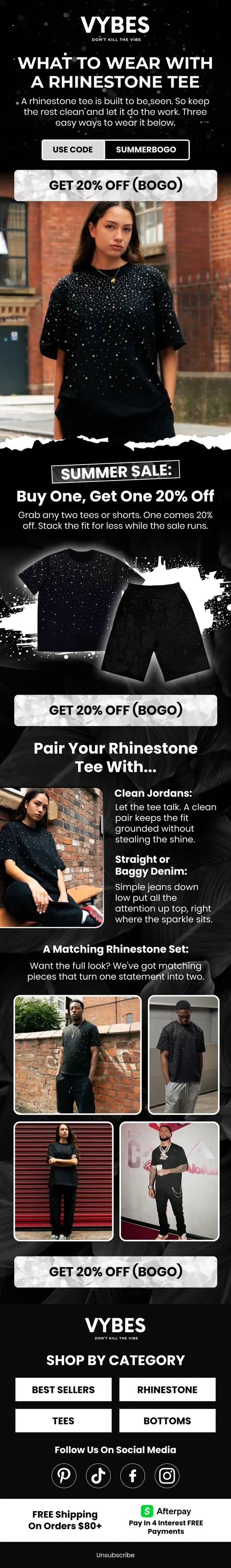 VYBES styling guide email showing three ways to wear a rhinestone tee