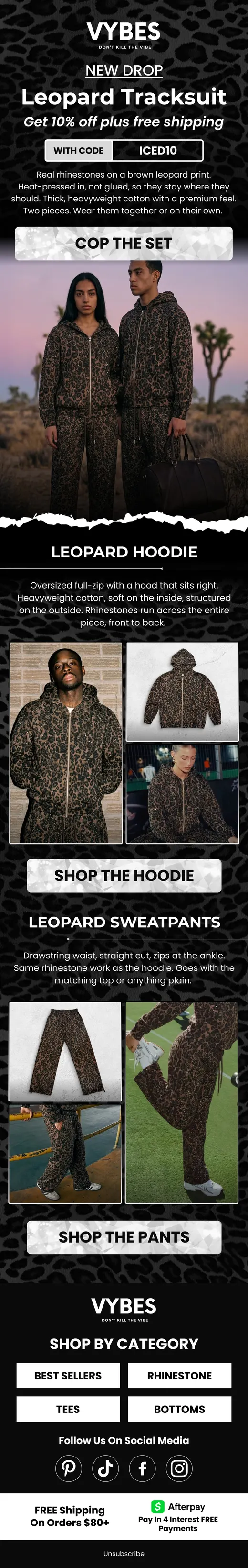 VYBES leopard tracksuit new drop email with desert lifestyle photography