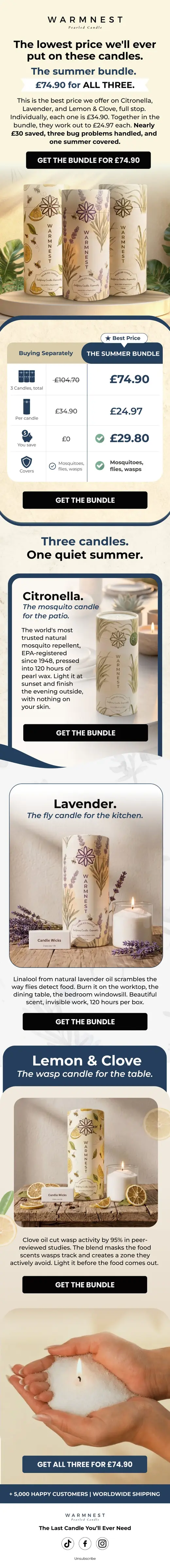 Warmnest summer bundle pricing email comparing per-candle savings