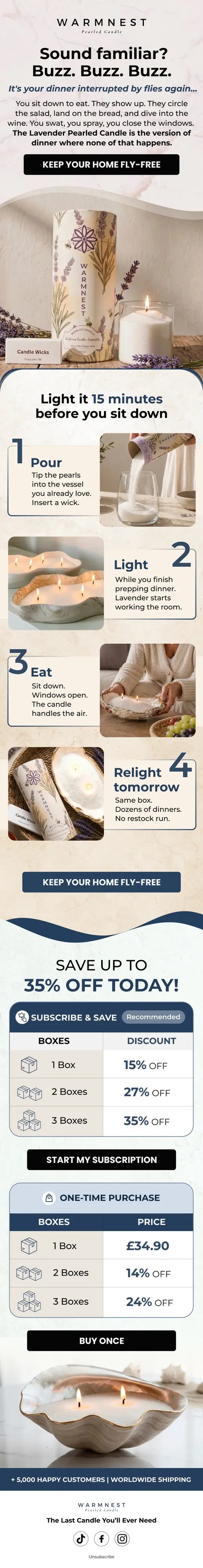 Warmnest storytelling email selling the lavender candle for fly-free dinners