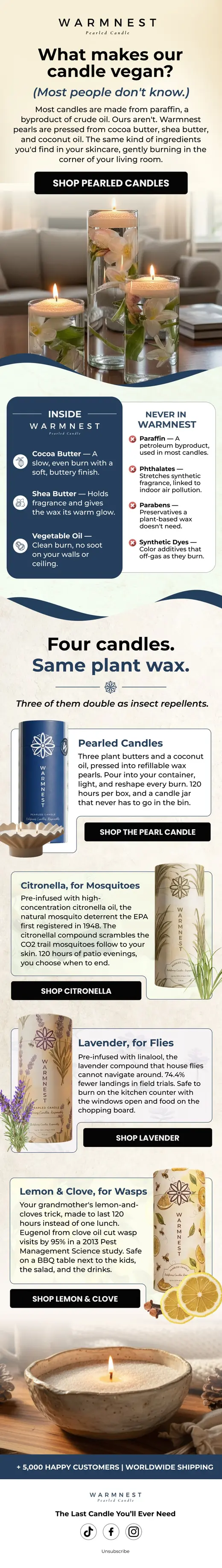 Warmnest vegan candle email comparing plant wax to paraffin ingredients